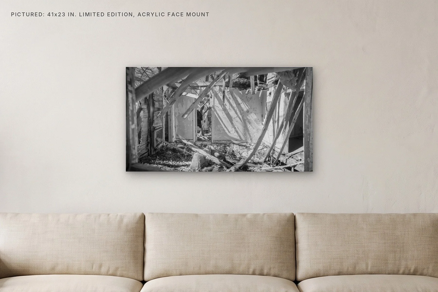 Bowker Road Collapsed Interior - 41x23 acrylic face mount in a living room.jpg