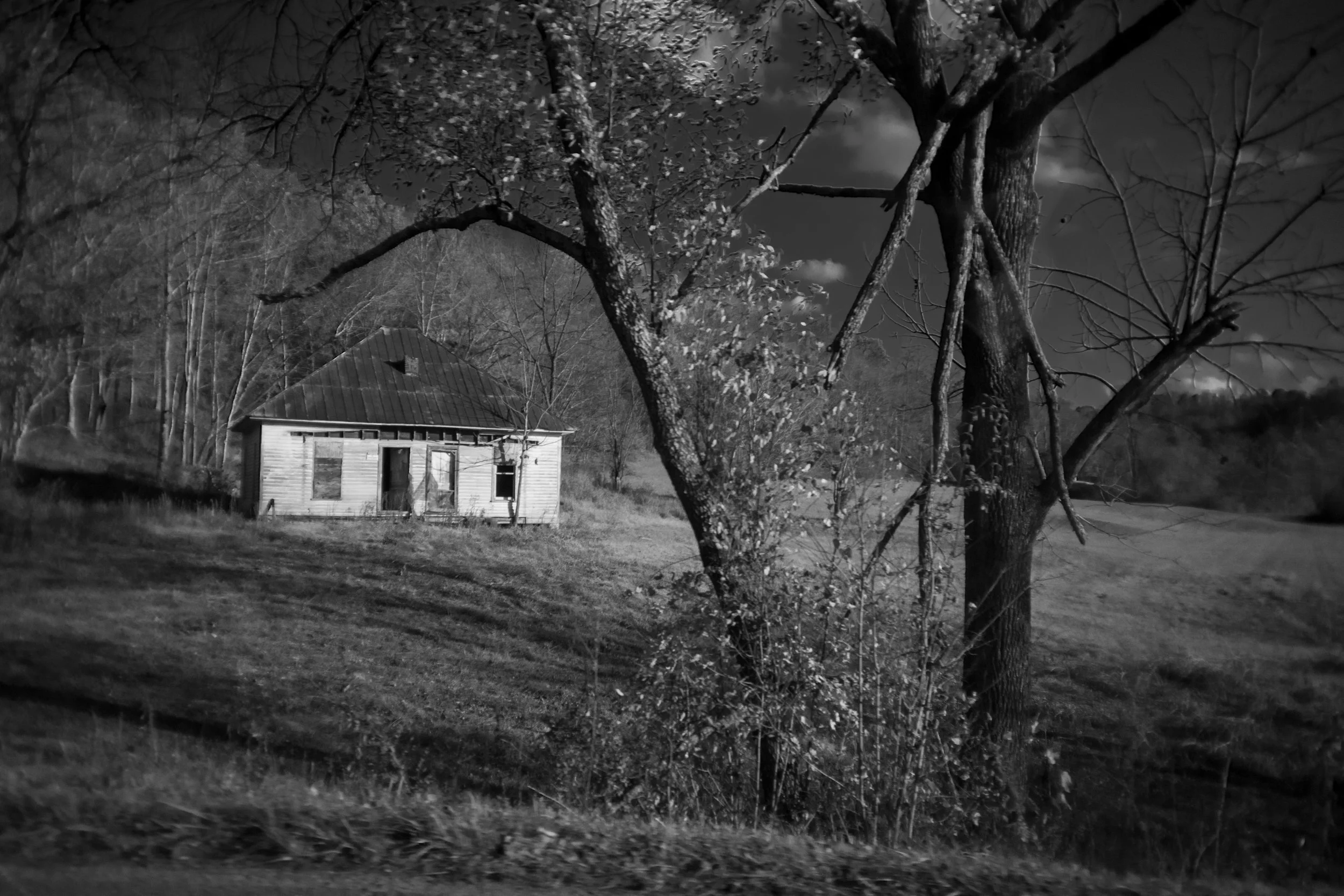 Small abandoned house behind bare trees in rural Tennessee, black and white photograph from My Tennessee by Adam CK Vollick