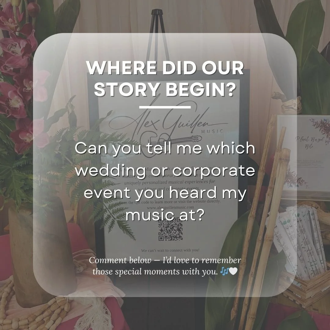 ✨ Let&rsquo;s take a trip down memory lane&hellip;
Can you tell me which wedding or corporate event you heard my music at?
Comment below &mdash; I&rsquo;d love to remember those special moments with you. 🎶🤍

#AlexGuillenMusic #MemoryWednesday #Live