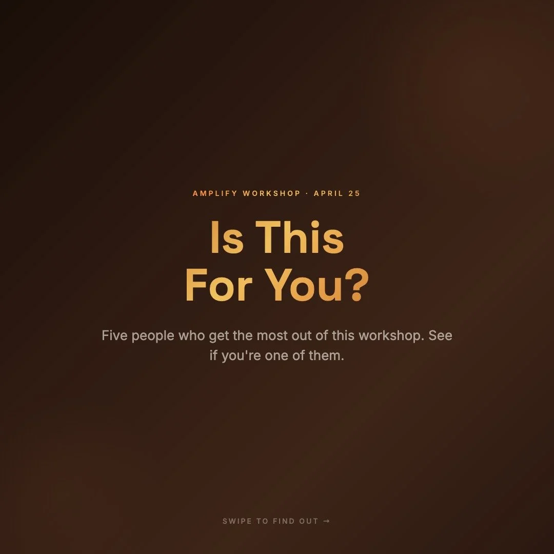 Is this workshop for you?

I designed Amplify for five types of people. Swipe through and see if one of them sounds familiar.

The photographer who can't respond fast enough. The designer getting generic AI output. The consultant whose follow-up does