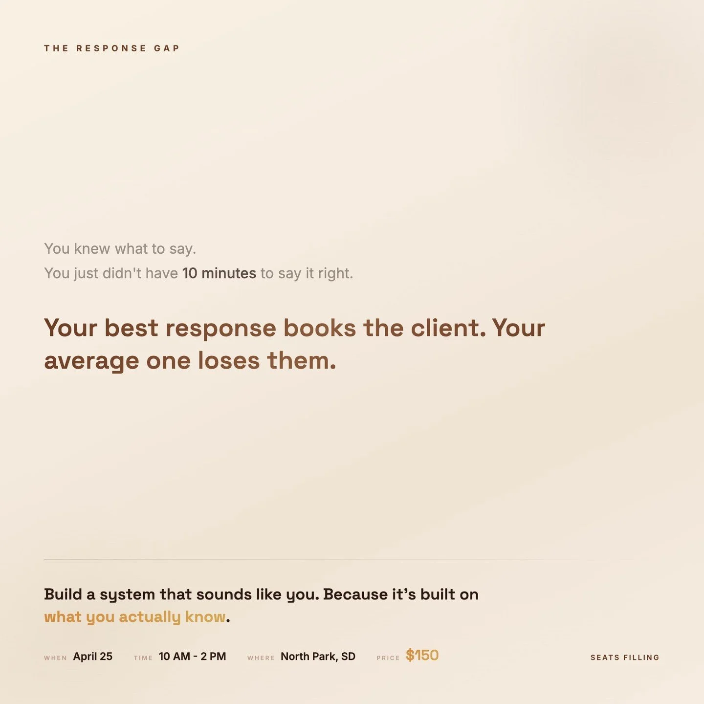 Your best response books the client.

Your average response loses them.

The difference isn't skill. It's whether you had 10 minutes or 10 seconds when the inquiry came in.

I built a system that deploys my best response every time. Not a template. S