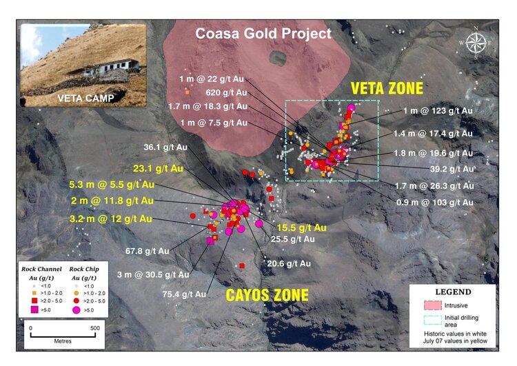 Figure 2: Coasa Project Sample Distribution (recently released assays highlighted in yellow)    Top ten select channel and rock samples for the Veta and Cayos Zones July 7, 2020