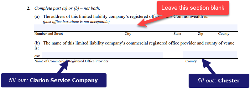 Listing your PA registered agent and address in your LLC/Corporation  formation documents
