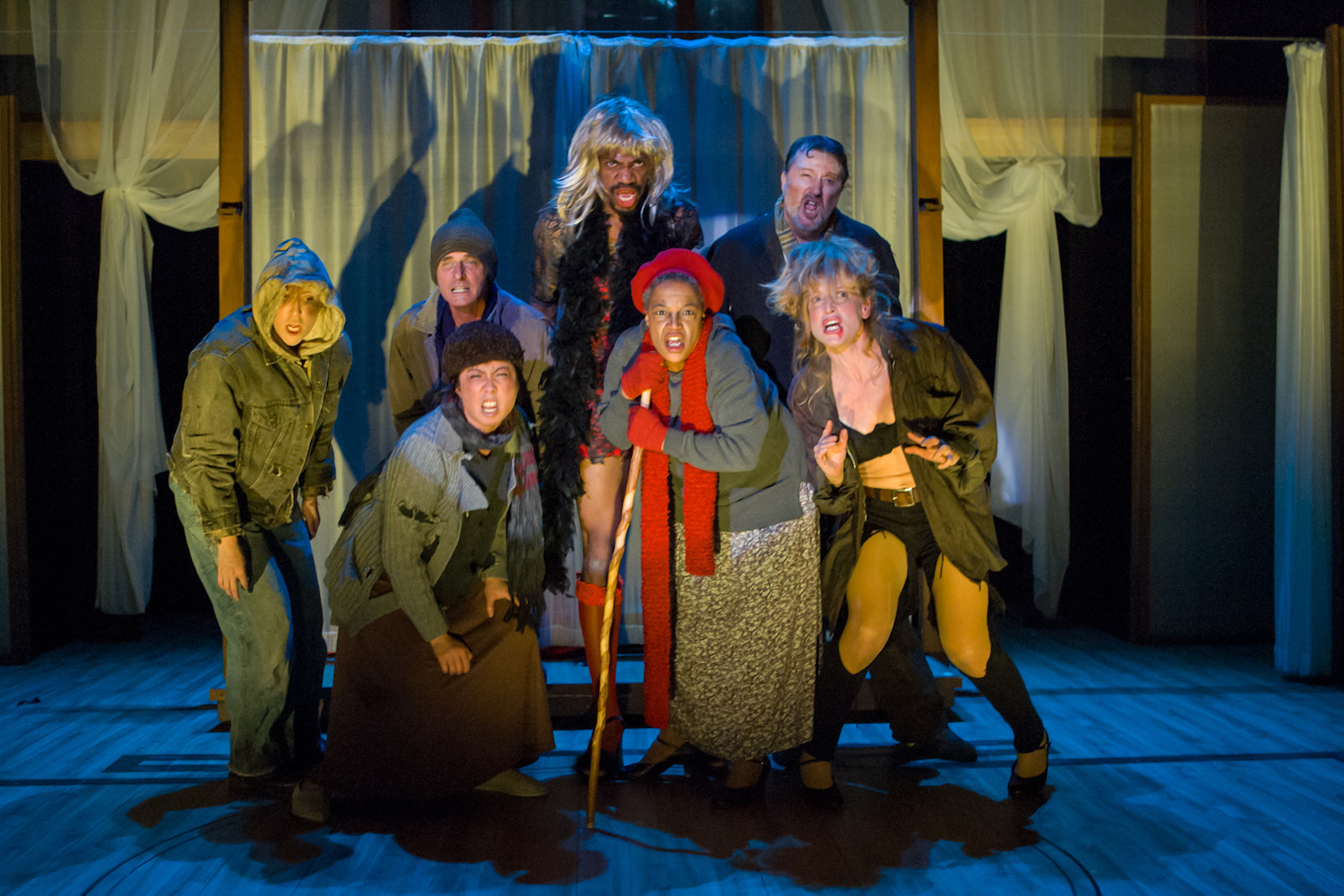 Back: Simone Kertesz, Jackson Davis, Reggie D. White (Delilah), Dave Garrett. Front: Alexis Wong, Cathleen Riddley (Hag), Bekka Fink. Ashby Stage. Photo: Mike Padua.