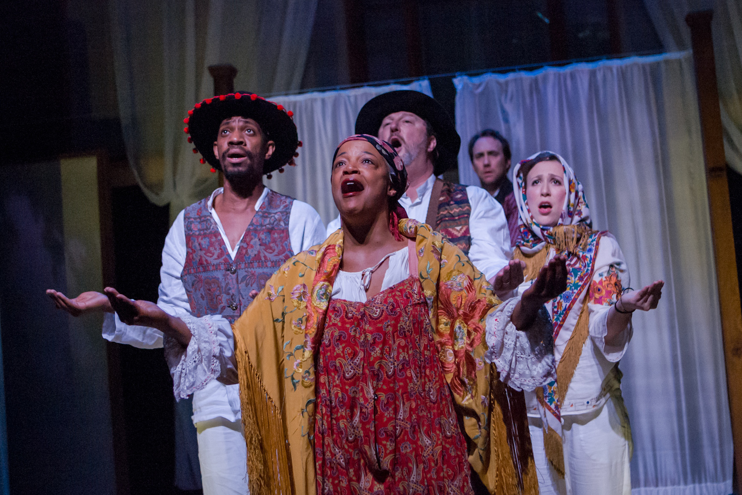  Back: Reggie D. White, Dave Garrett, Will Springhorn, Jr., Simone Kertesz. Front: Cathleen Riddley (Clara). Ashby Stage. Photo: Mike Padua. 