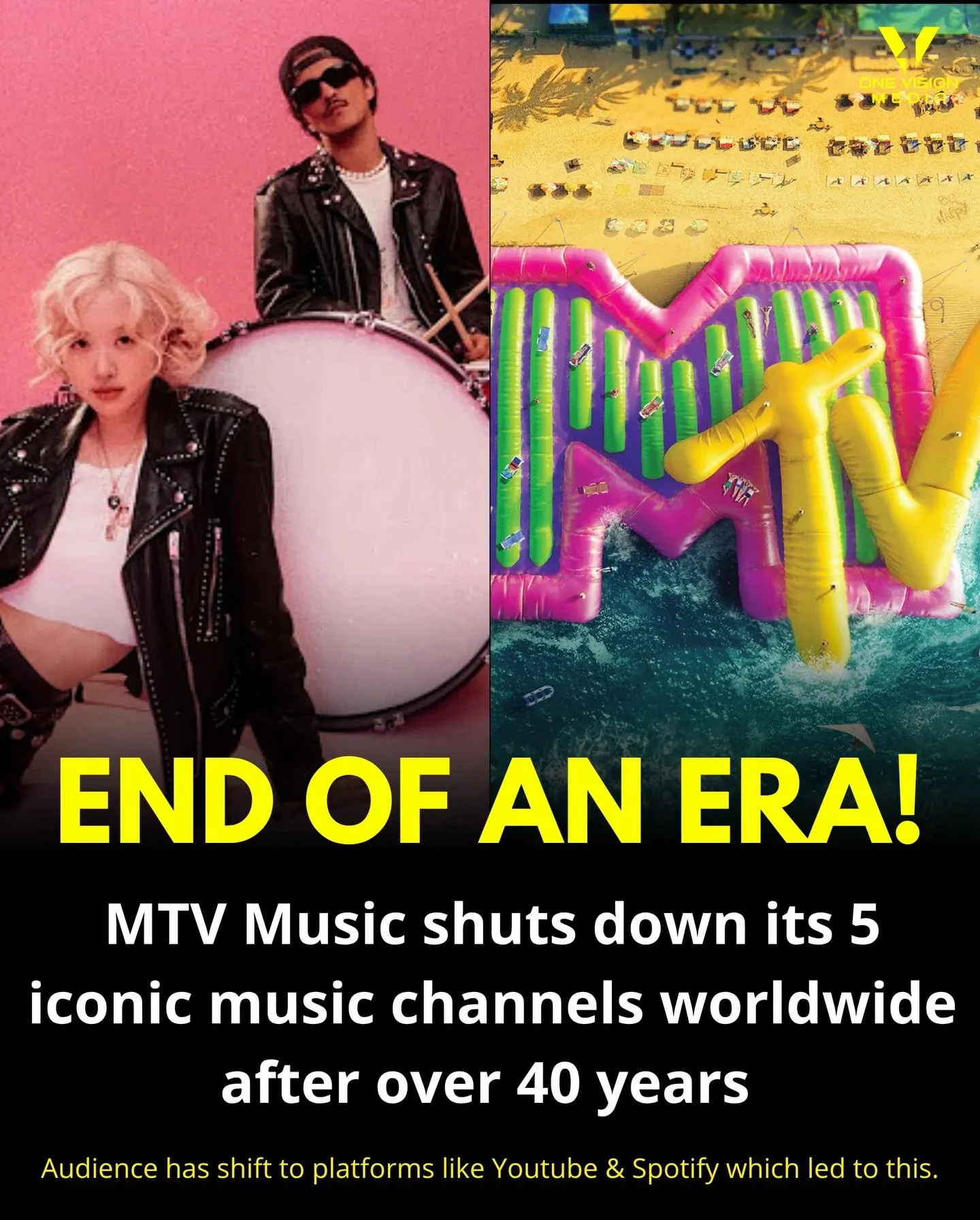 The day the music video died.
On New Year&rsquo;s Eve, MTV switched off its dedicated music channels 
across the UK, Europe, Australia, and beyond.

Twenty-four hours of music videos. Gone.
This channel was built entirely around music videos. 
They w