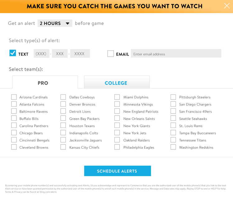Gamefinder—Sling TV module. Alert scheduler screen. Desktop.