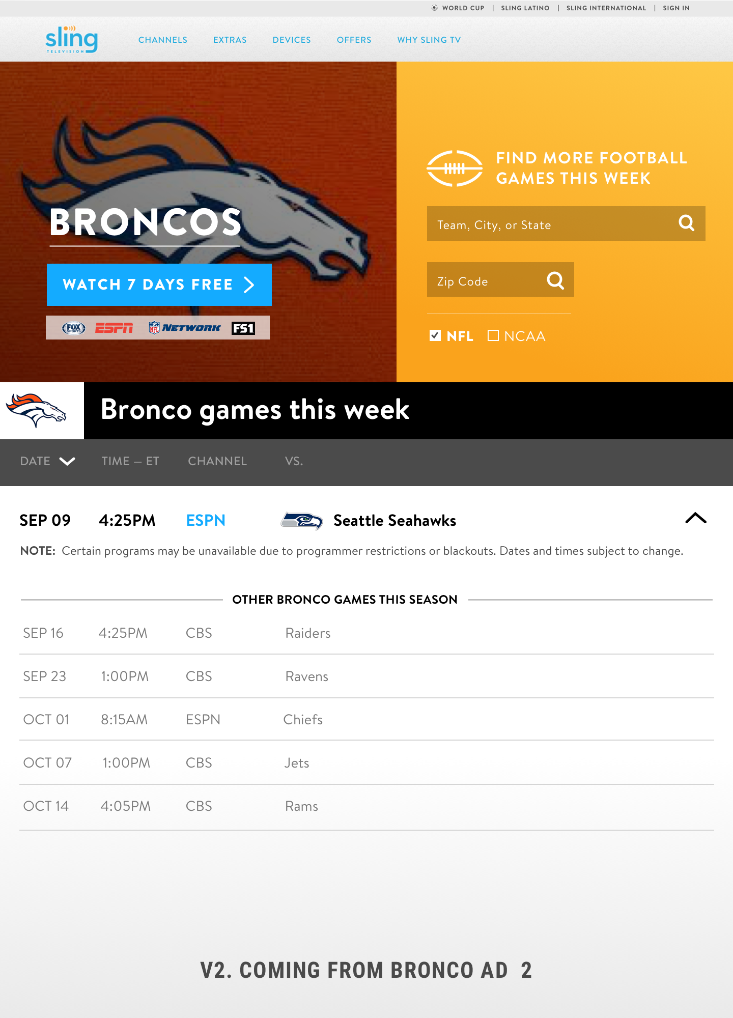 Gamefinder—Sling TV module. Desktop.