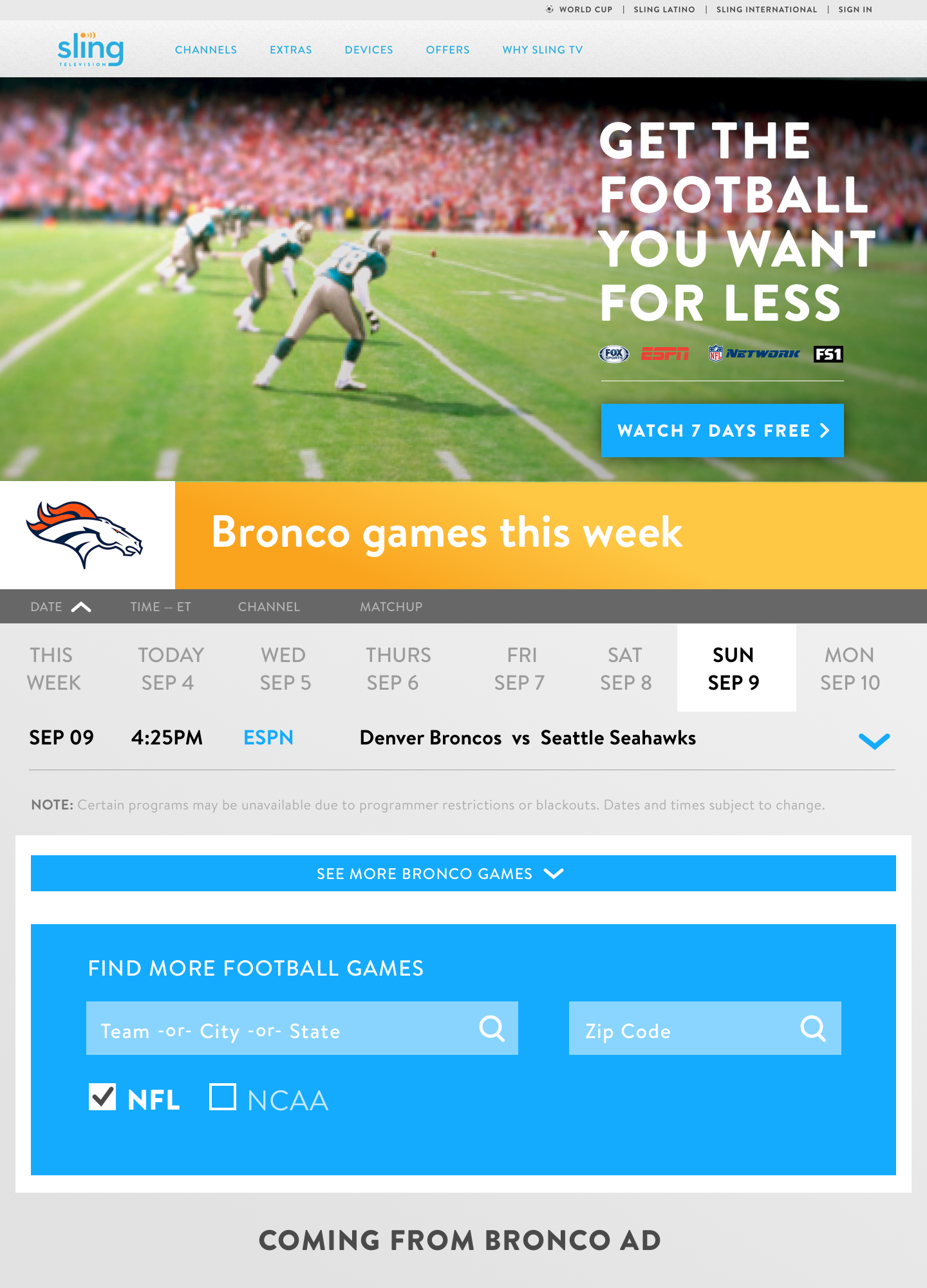 Gamefinder—Sling TV module. Desktop.