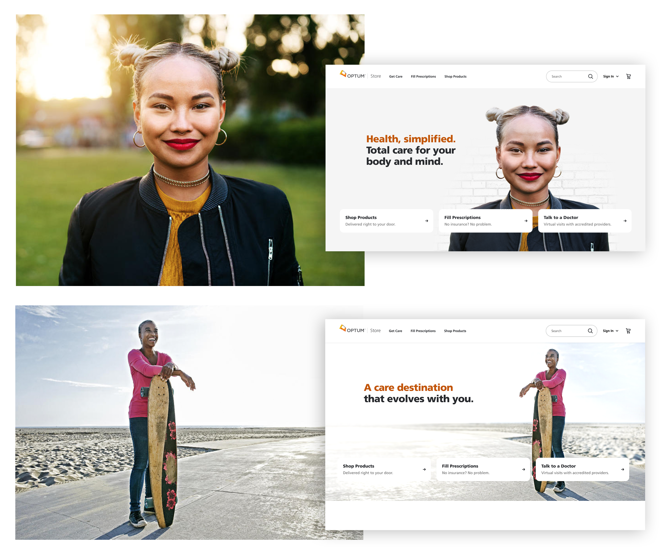 New hero imagery for Optum store landing page. Tasked with sourcing, iterating, and final editing of imagery. Tasked with copy iteration as well.