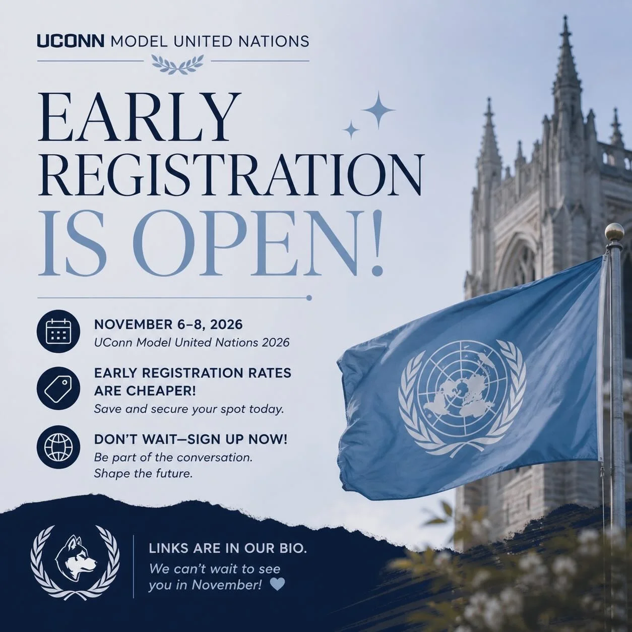✨ Early Registration is officially OPEN! ✨

Join us for UConn Model United Nations, November 6&ndash;8, 2026.

Early registration rates are cheaper, so now is the best time to secure your spot. Don&rsquo;t wait, sign up today!

Links are in our bio!