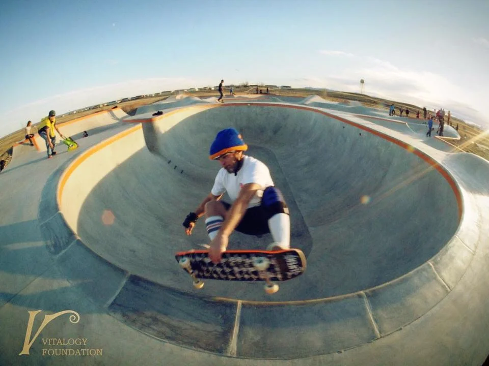 Pearl Jam's Jeff Ament catches some air in the Big O Capsule Bowl at the Thunder Park