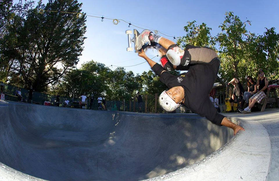 Steve Caballero invert at the Goat Bowl in Sonoma, CA