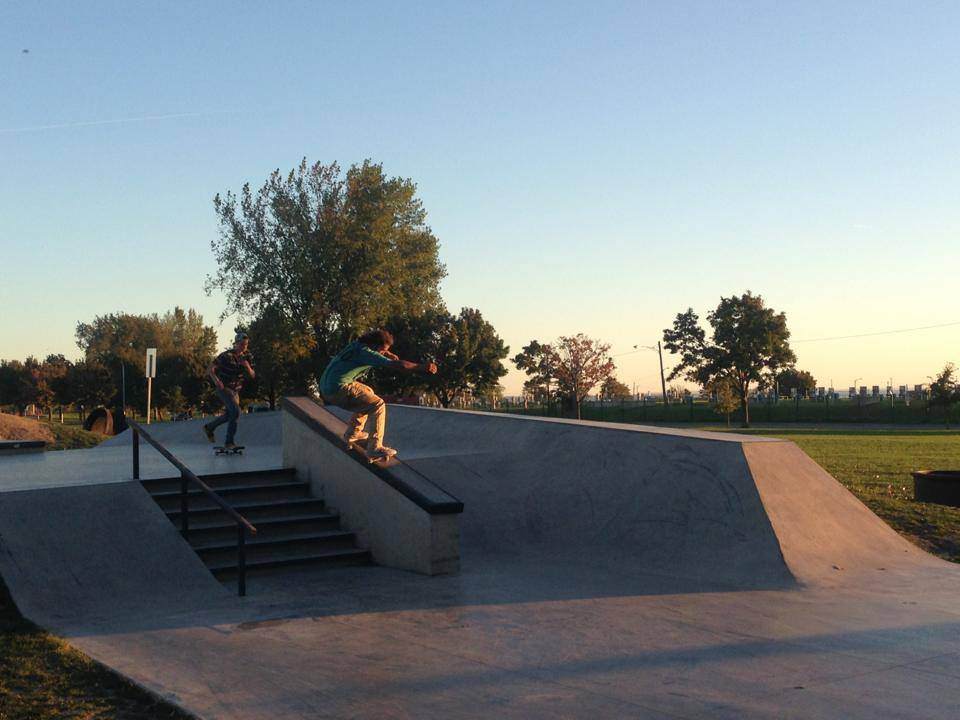 Jasper grinds down the ledge at the Buffalo, New York Skate Plaza