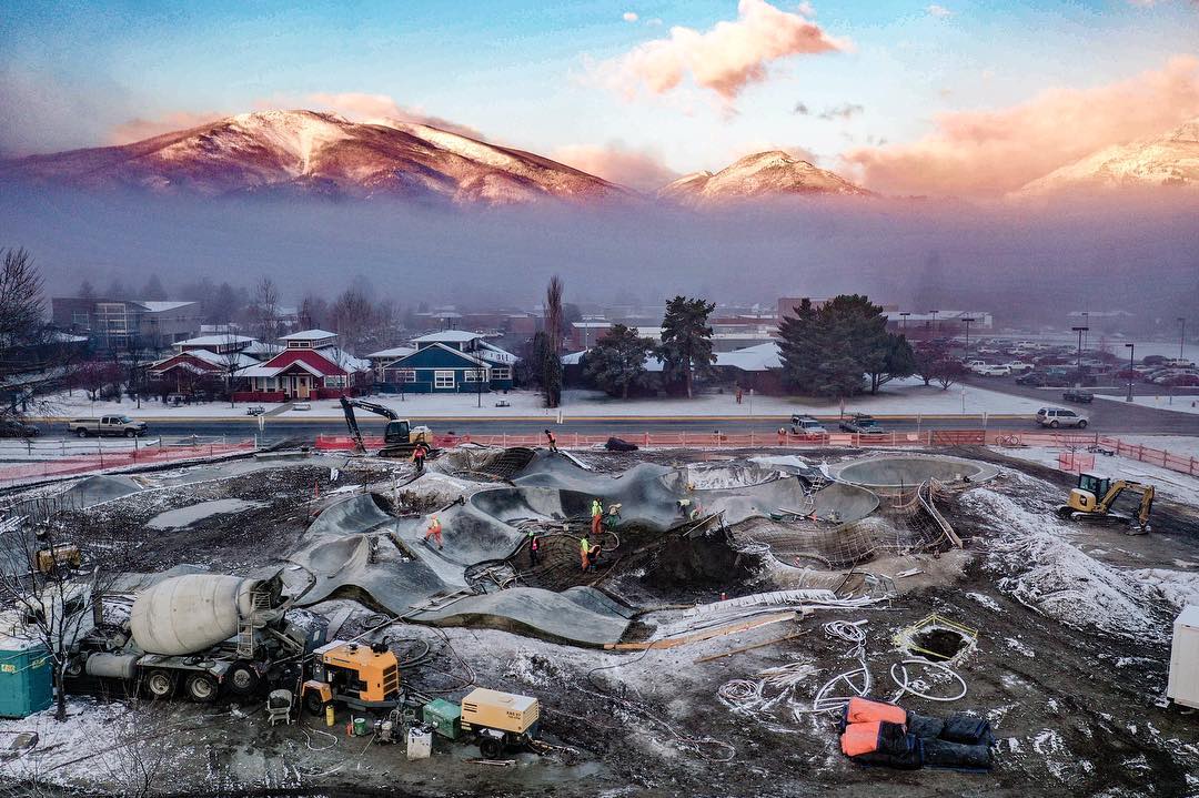 Where the mountains stop &amp; the skatepark begins. Snowy mornings on site in Hamilton, Montana. 