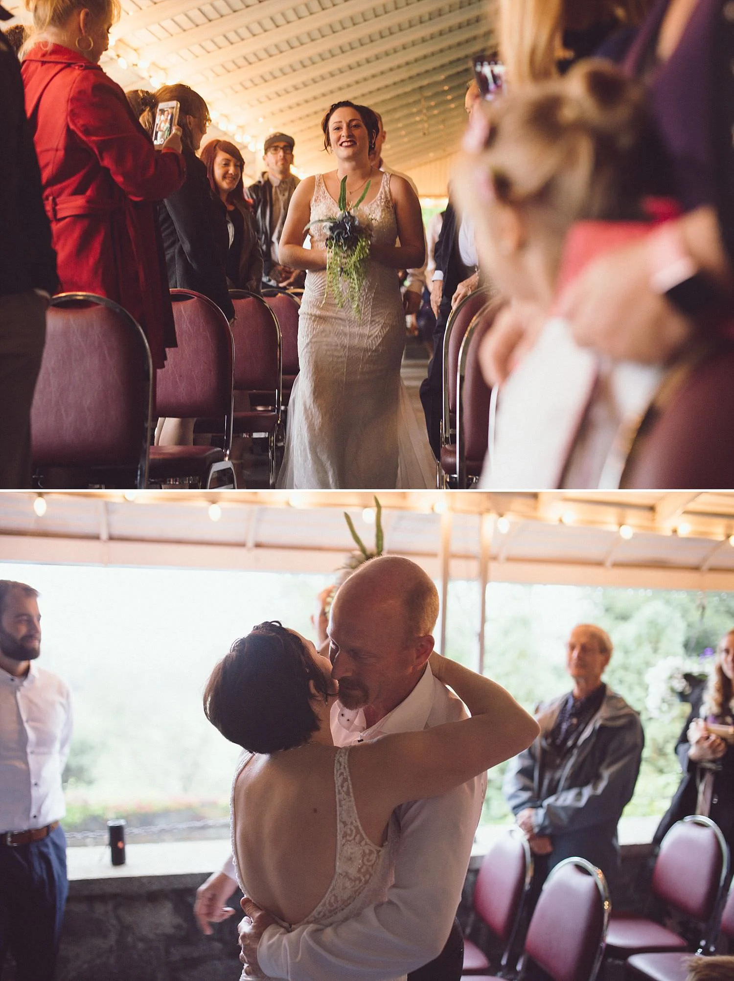 The bride walks down the aisle, and dad gives his daughter away at Minnekhada Lodge