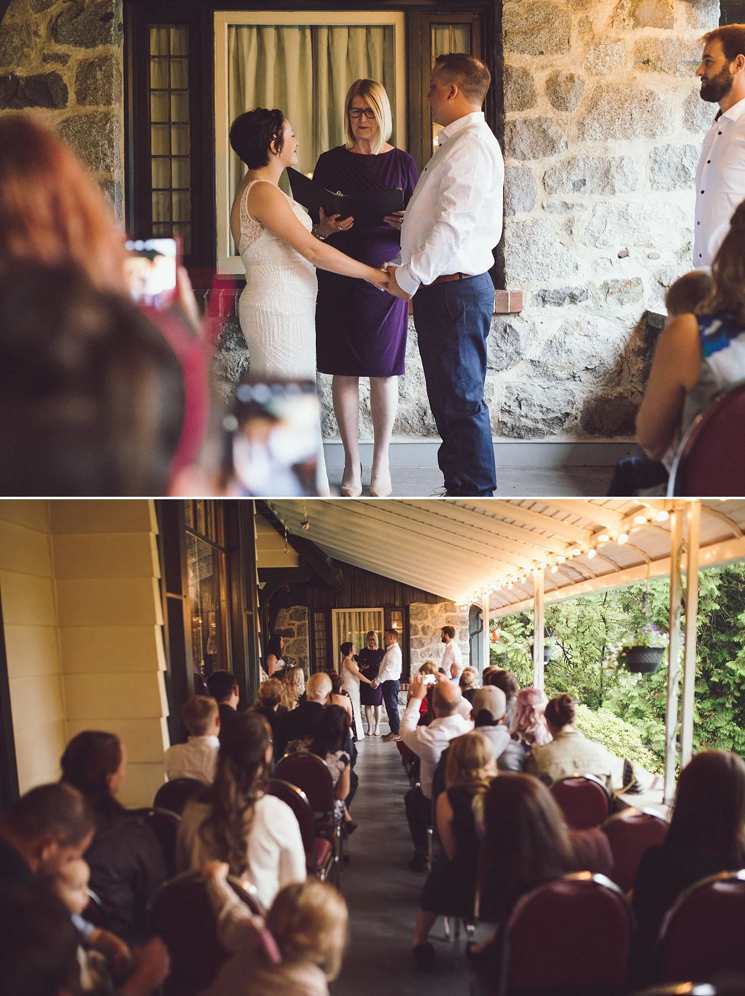 Intimate and Romantic wedding ceremony under the covered patio at Minnekhada Lodge in Coquitlam, BC