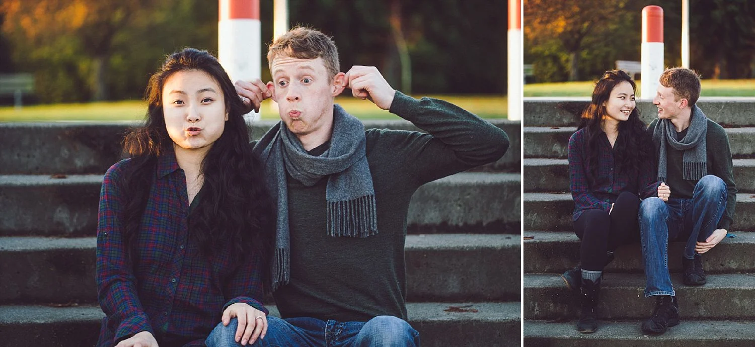 Tim and Angel make silly faces during their engagement session with Andrew Lukianiuk in Stanley Park