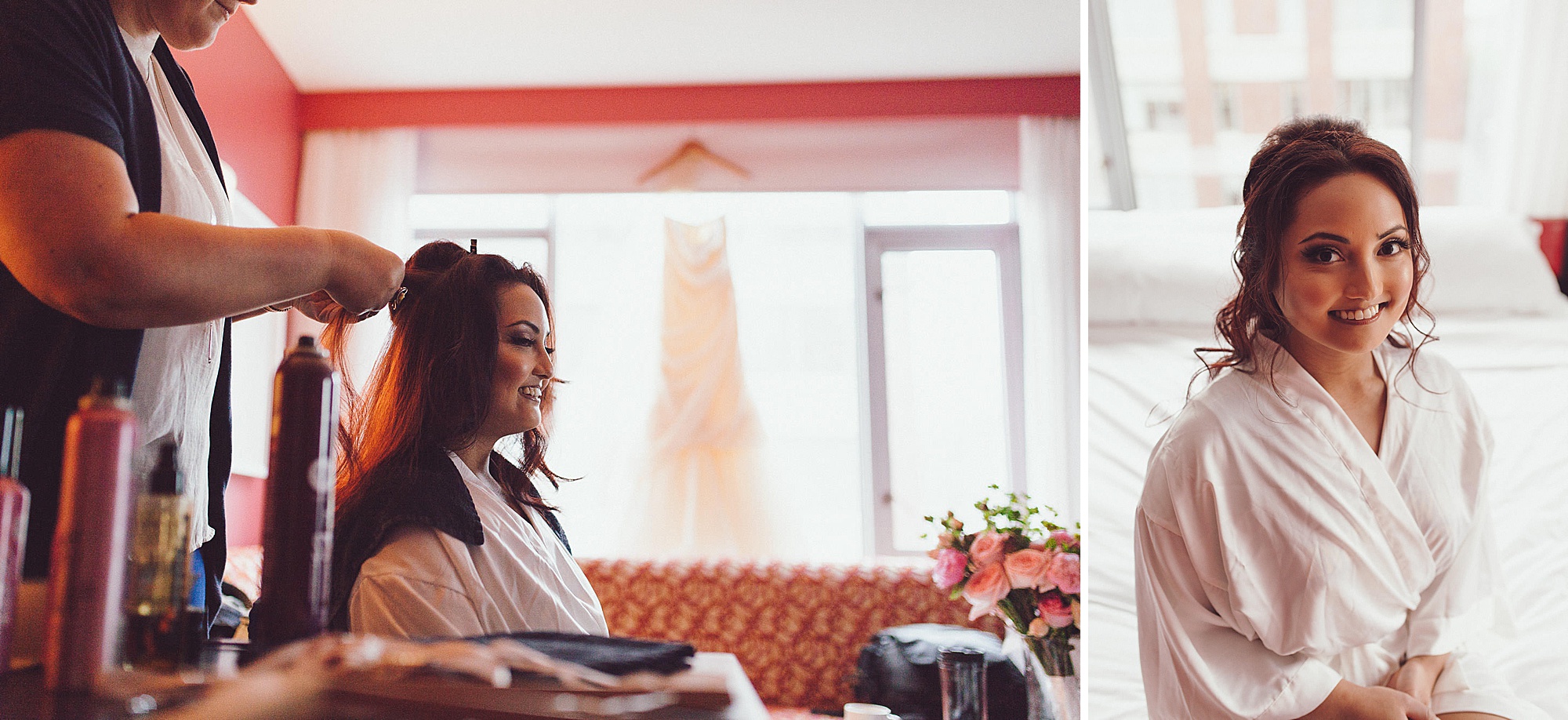 Cecille getting her hair done on her wedding day
