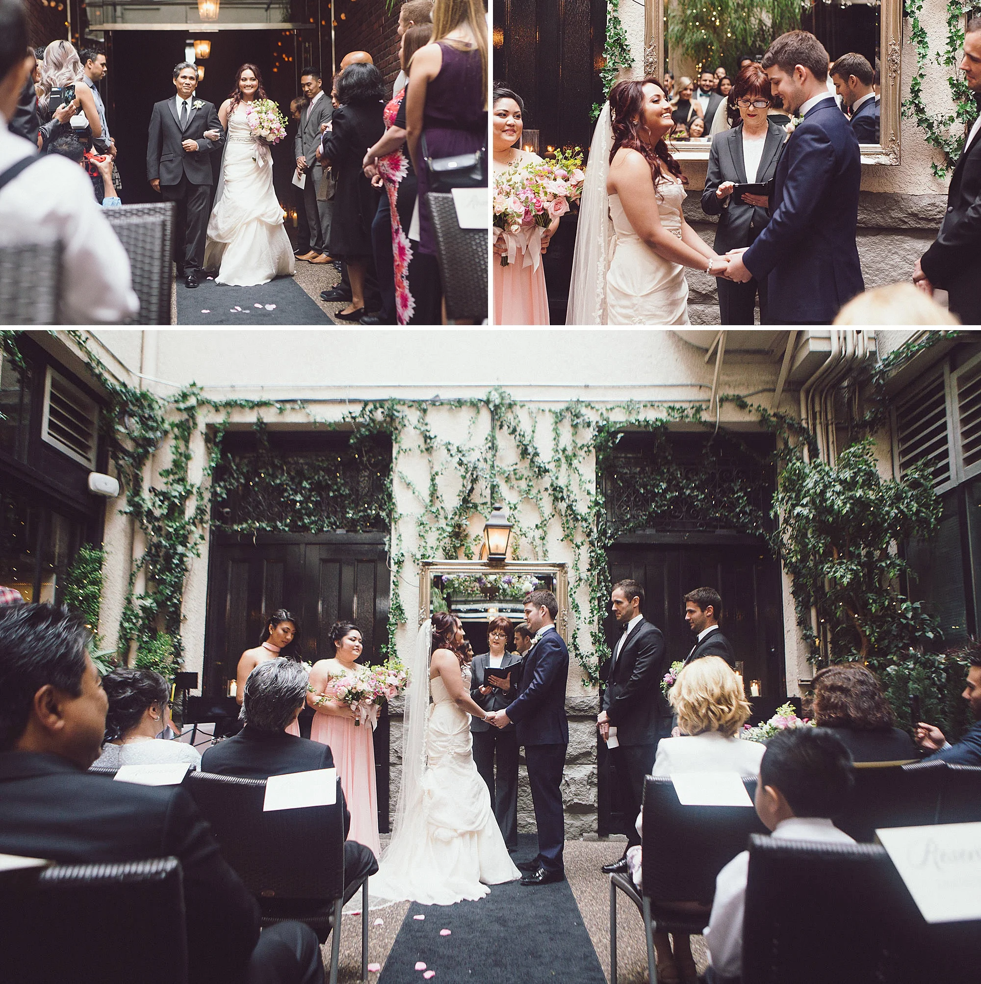 Cecille’s dad walks her down the aisle at her wedding ceremony at the Brix and Mortar