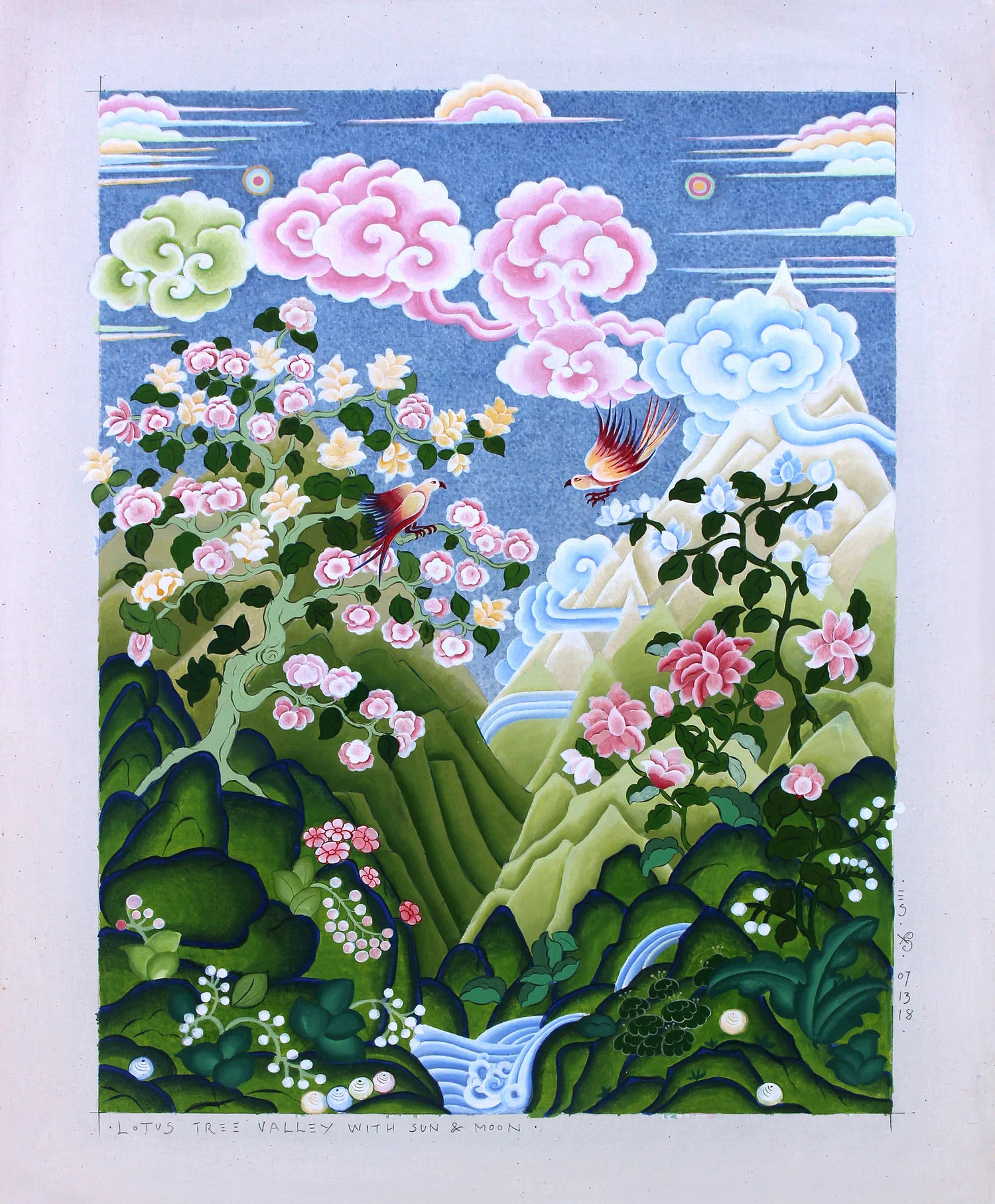 Eva Schicker, Lotus Tree Valley With Sun & Moon, 2018. Acrylic, pencil, glue, on framed cotton canvas As a painter, I have a profound interest in the Asian tradition of Thangka painting. This technique has enabled me to refine my style to narrative painting. My depictions of nature scenes represent the philosophy of harmony, beauty and tranquility. Through my painting, I express a poetic place of comfort. Rocks, clouds, water, trees, flowers and animals are featured prominently in Thangka painting. Each element expresses a property that follows us through life. Rocks symbolize the steadfastness, clouds depict the air and the spirit of life, water symbolizes life’s abundance, and nature shows us the interdependence of all beings.