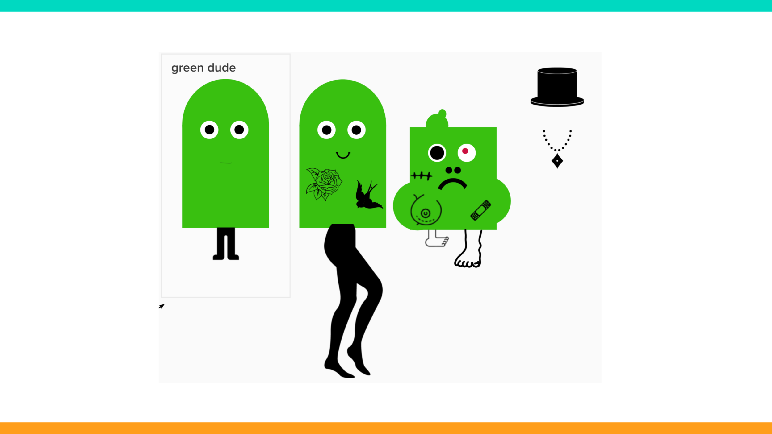 Character design began with a group session of rapid ideation using iconography. Within several rounds we collectively circled on the main “green dude.”