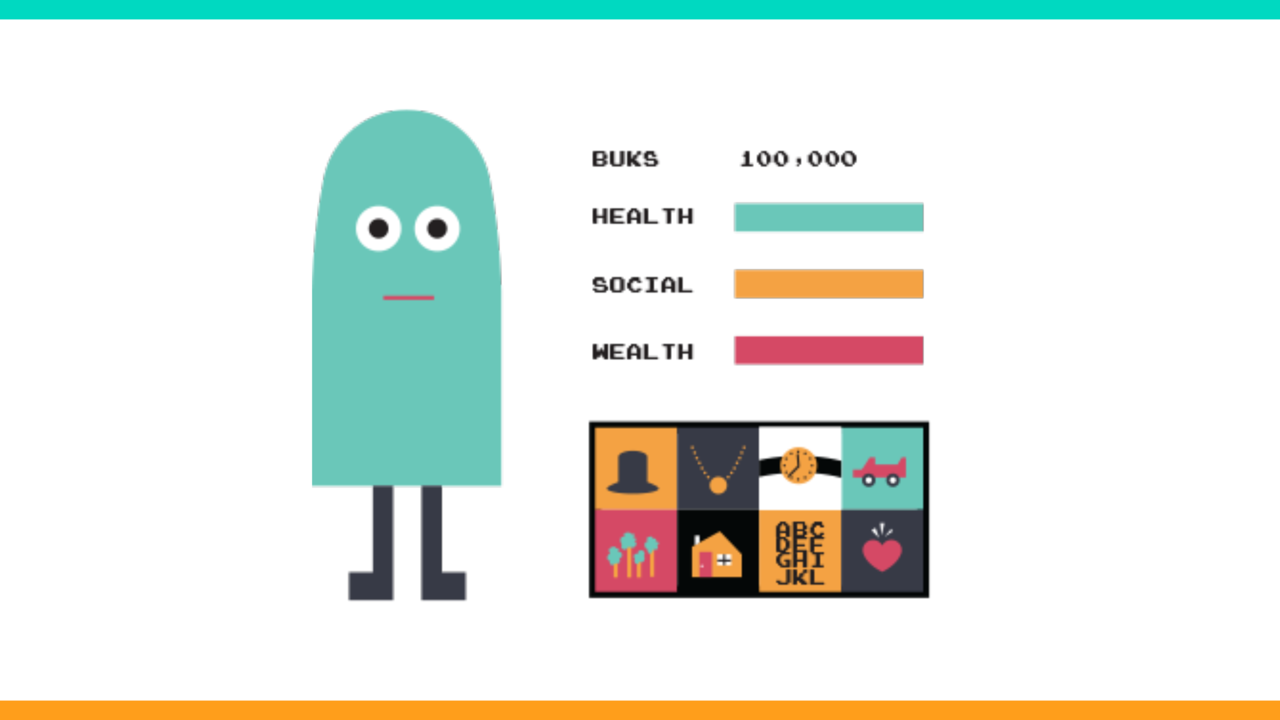 Meet “Bob”—your customizable avatar—in your own loot house where you can survey your in-game assets and liabilities and take care of your Bob needs.
