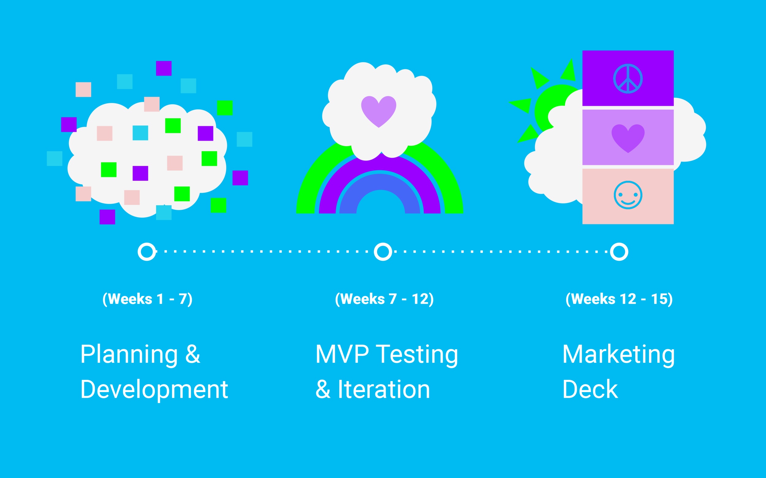 This is an overview of our plan -- the first 7 or so weeks are for planning and development, MVP testing and iteration through week 12, and we want to spend the remaining time refining our marketing materials and final pitch for partner buy-in