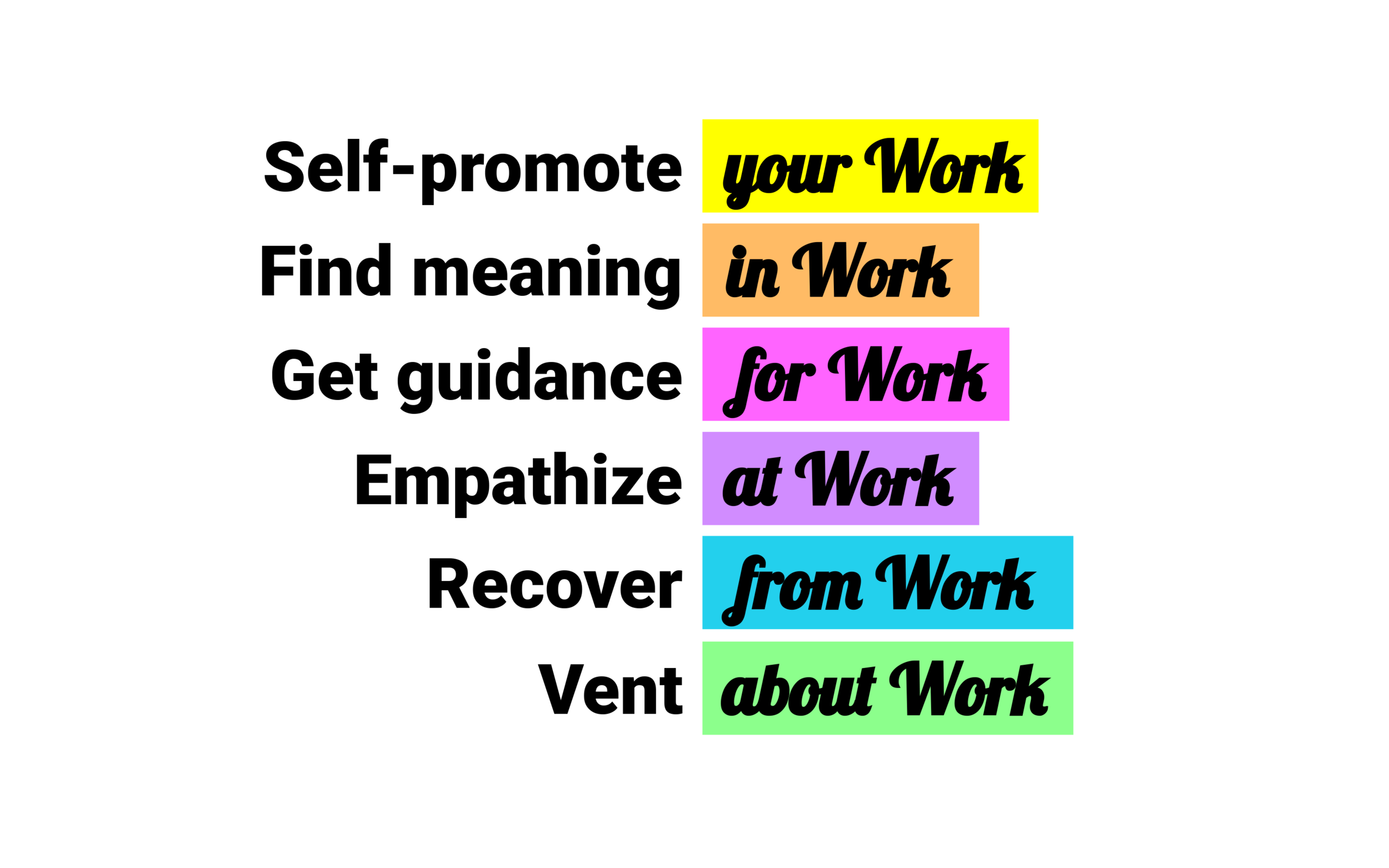 The first was self promotion. How can I do a better job advocating for myself and my achievements? Find meaning in your work. What kind of internal perspective shift might aid in this? Getting guidance. Can we introduce additional supp