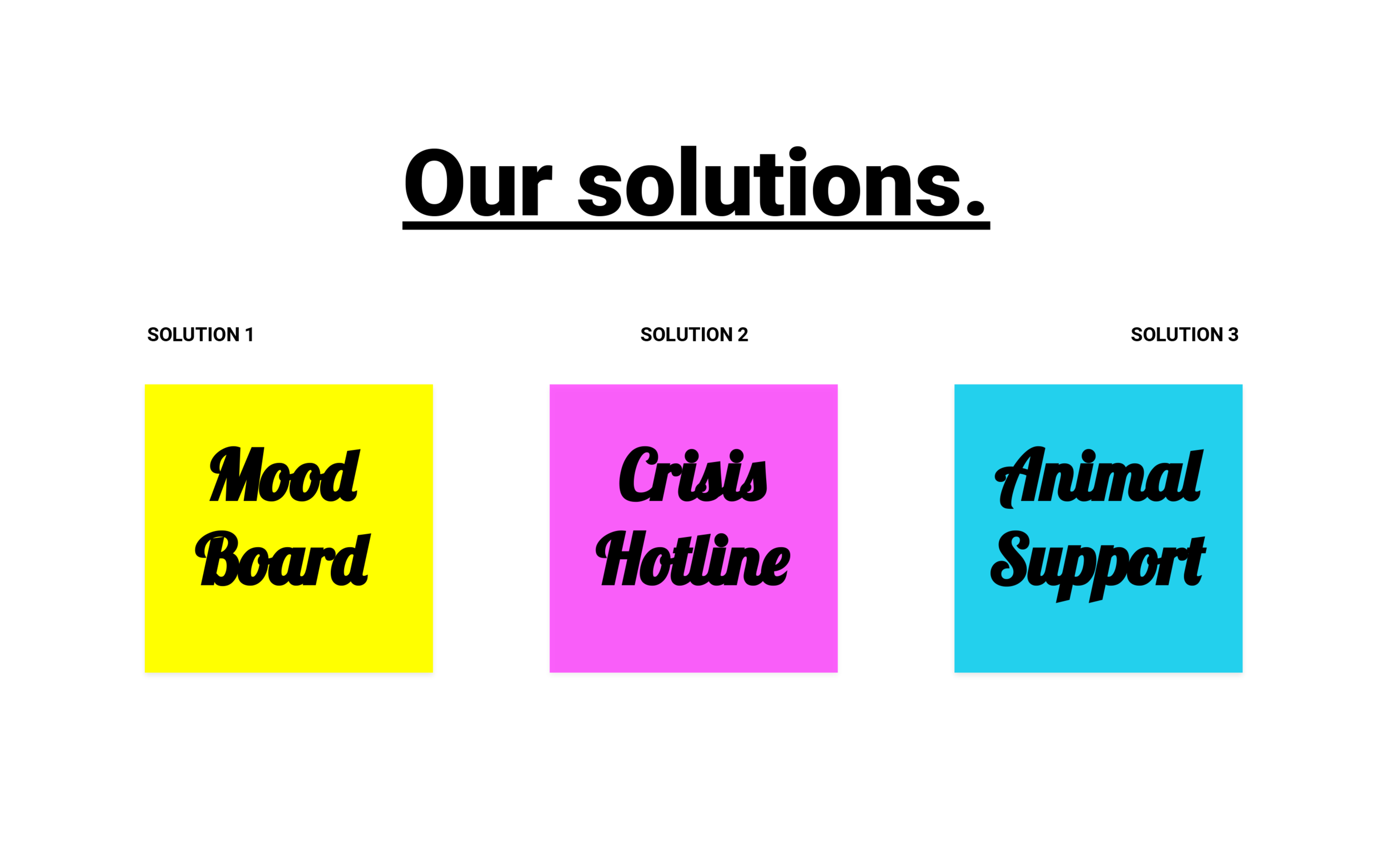 From those use cases, we generated three distinct solutions that each address emotional support in the workplace in a different way. First, we have the Mood Board: a reactive, physical object (with digital UX) that displays real-time mood data from