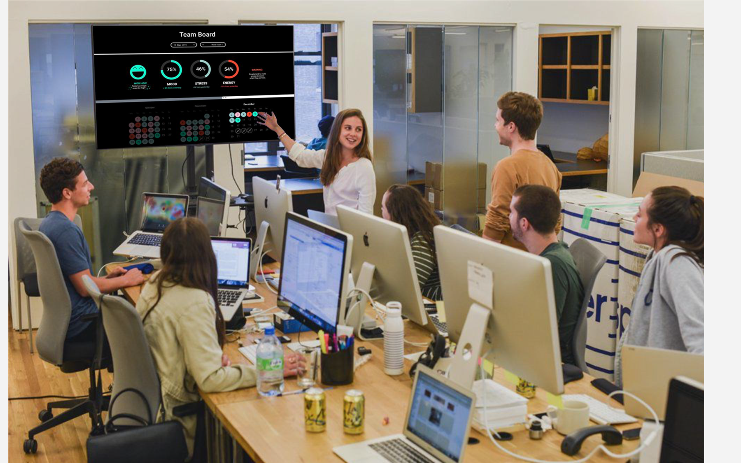 This render shows how the Team Pulse Dashboard can be used in an office environment. Using the Team Pulse, employees and management will always have congruent information about the emotional health of the team.