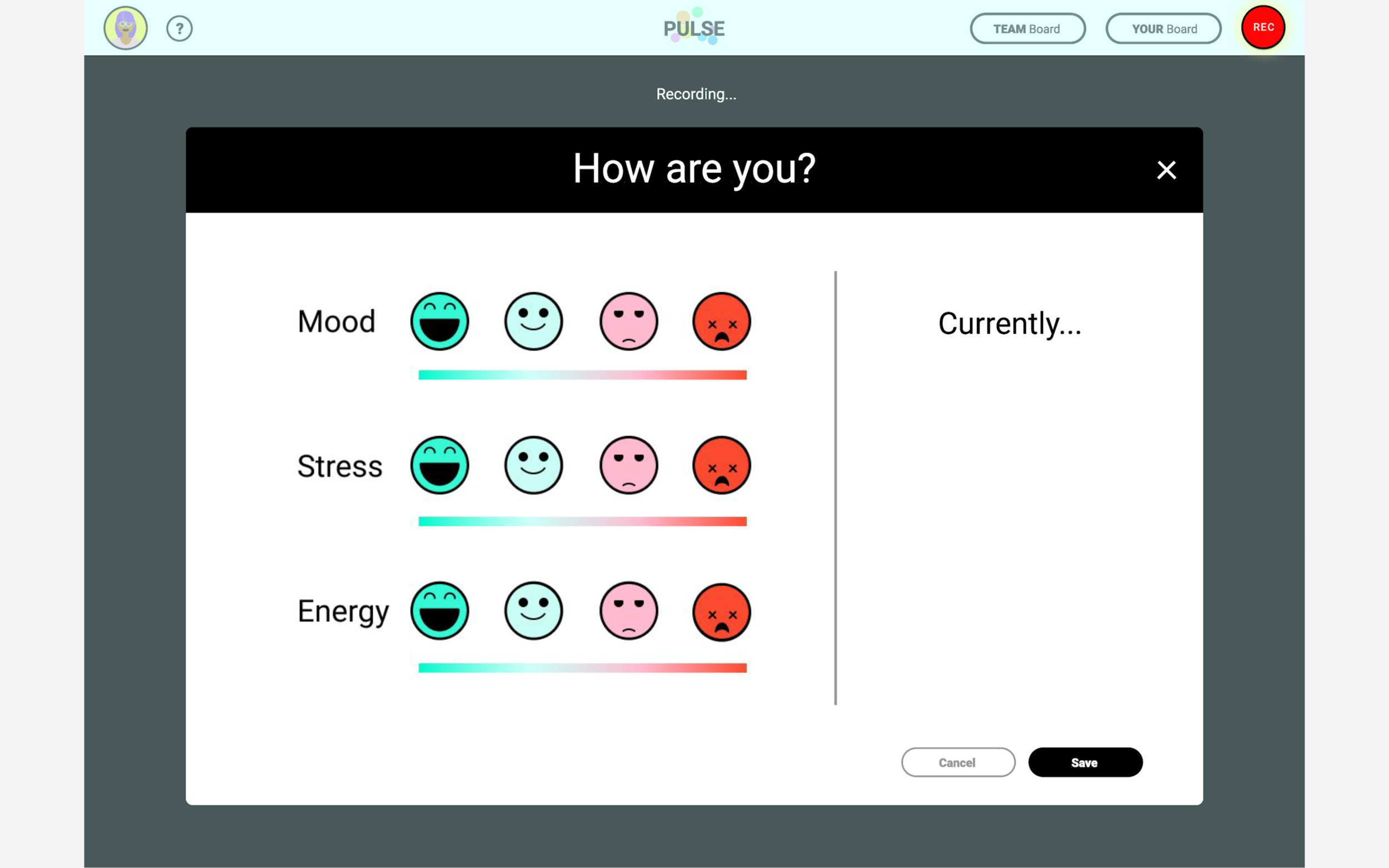 Recording a Pulse is quick and super simple. Just drag the sliders for each metric and the app will calculate our average for the day.