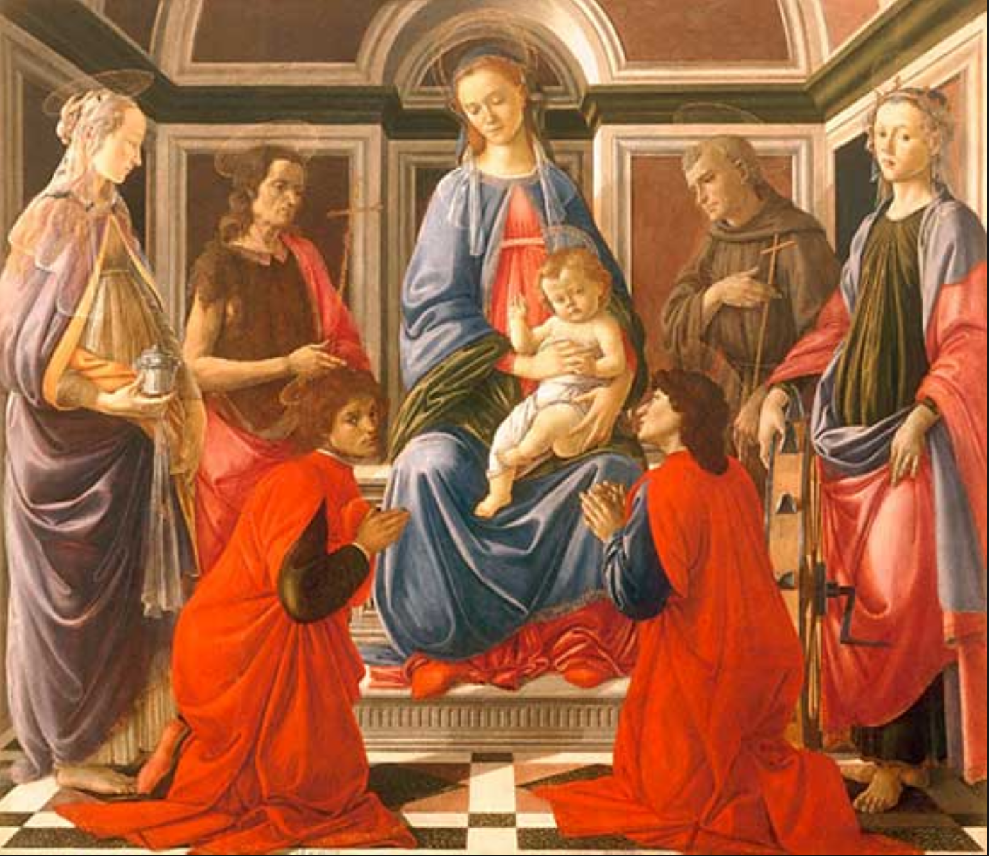 Sandro Botticelli, “Enthroned Madonna and Child with Mary Magdalene, Saints John the Baptist, Cosmas, Damian, Francis of Assisi and Catherine of Alexandria” (Wiki Commons)