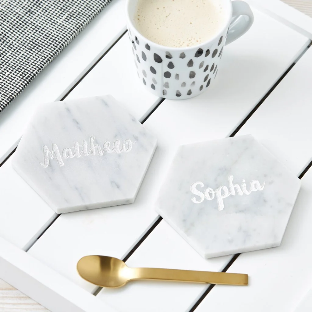 Personalised Hexagonal Marble Coaster SOPHIA VICTORIA JOY