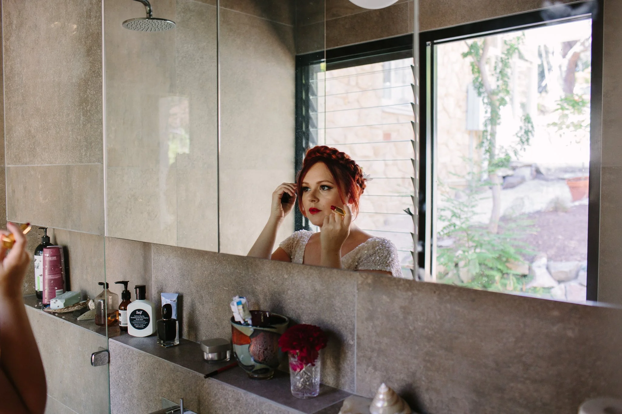 My wedding day, right before walking down the aisle! Makeup by me, on me! :)