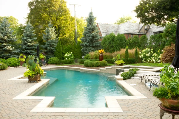 A backyard pool surrounded by beautiful landscapes