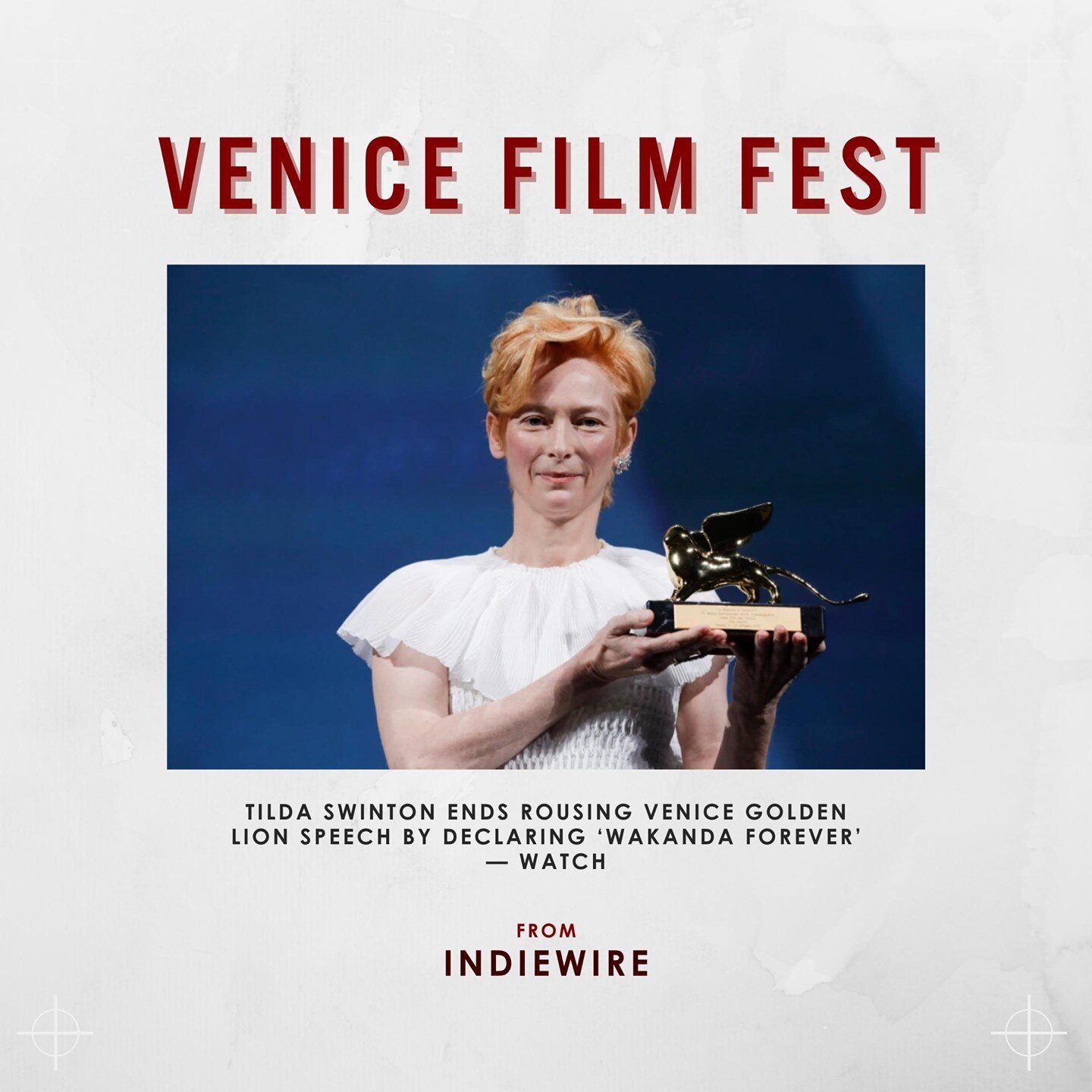 &ldquo;Viva Venezia. Cinema cinema cinema. Wakanda Forever. Nothing but love.&rdquo; What a beautiful way to kick off Venice Film Fest. Congrats to Tilda for winning the Golden Lion award and may Chadwick rest in peace. ❤️⁠
⁠
Watch her speech at bit.
