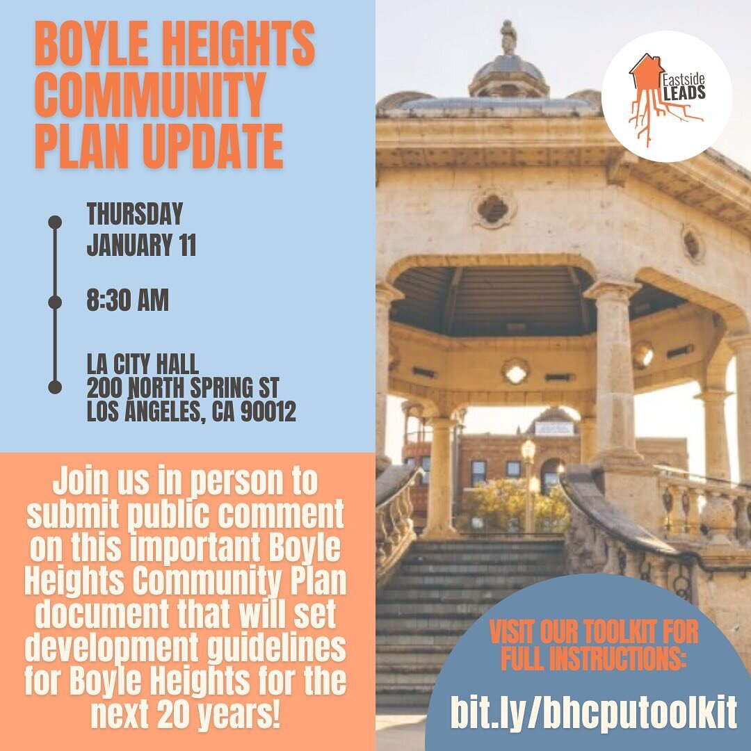 Tomorrow! Join us at LA City Hall to submit public comments to the LA City Planning Commission. 🗣️🗣️🗣️

➡️The Boyle Heights Community Plan document is being voted on and will set development guidelines in Boyle Heights for the next 20 years! Let t