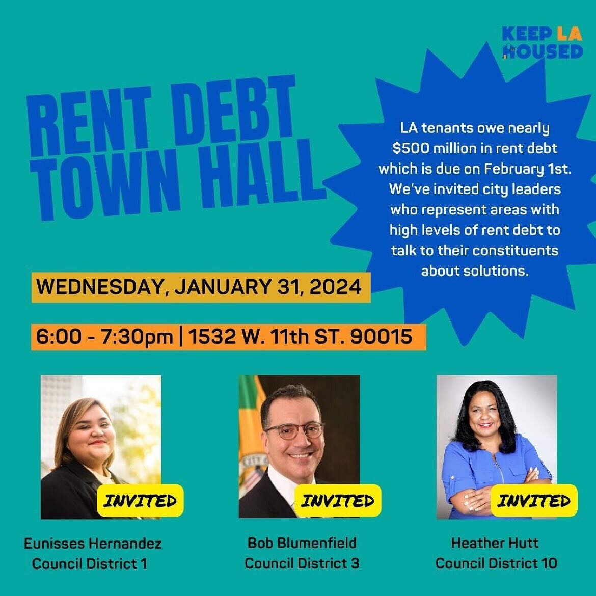 #Rp @keeplahoused
🗣️Tomorrow! Join us for a rent debt town hall in person from 6-7:30pm! We have invited Councilmembers Eunisses Hernandez (CD 1), Heather Hutt (CD10), and Bob Blumenfield (CD 3), and hope to hear directly from them. We&rsquo;ll also