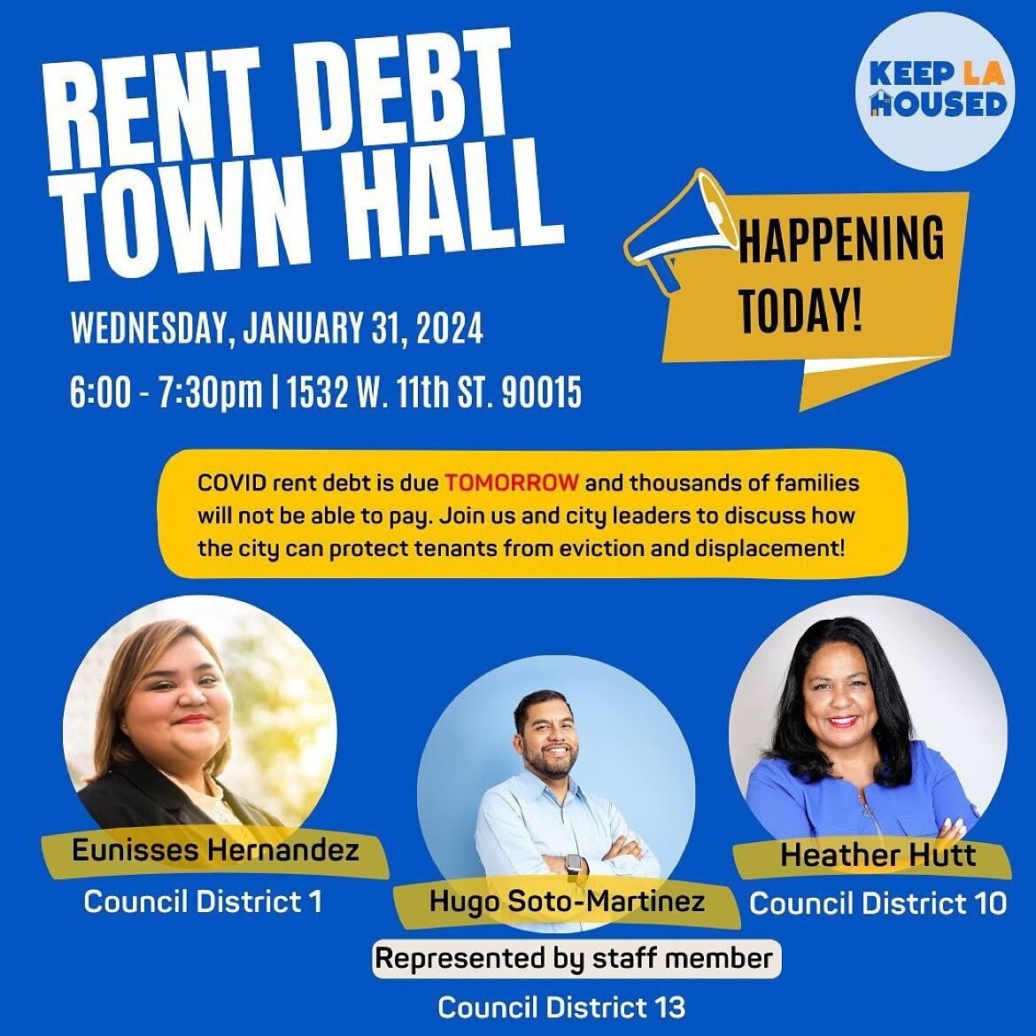 Repost from @keeplahoused
&bull;
🚨Today fam🚨Join us for a town hall tonight where we&rsquo;ll hear directly from the council offices of @cd1losangeles @cw_heather.hutt @cd13losangeles to discuss rent debt and ask our city leaders how they plan to a