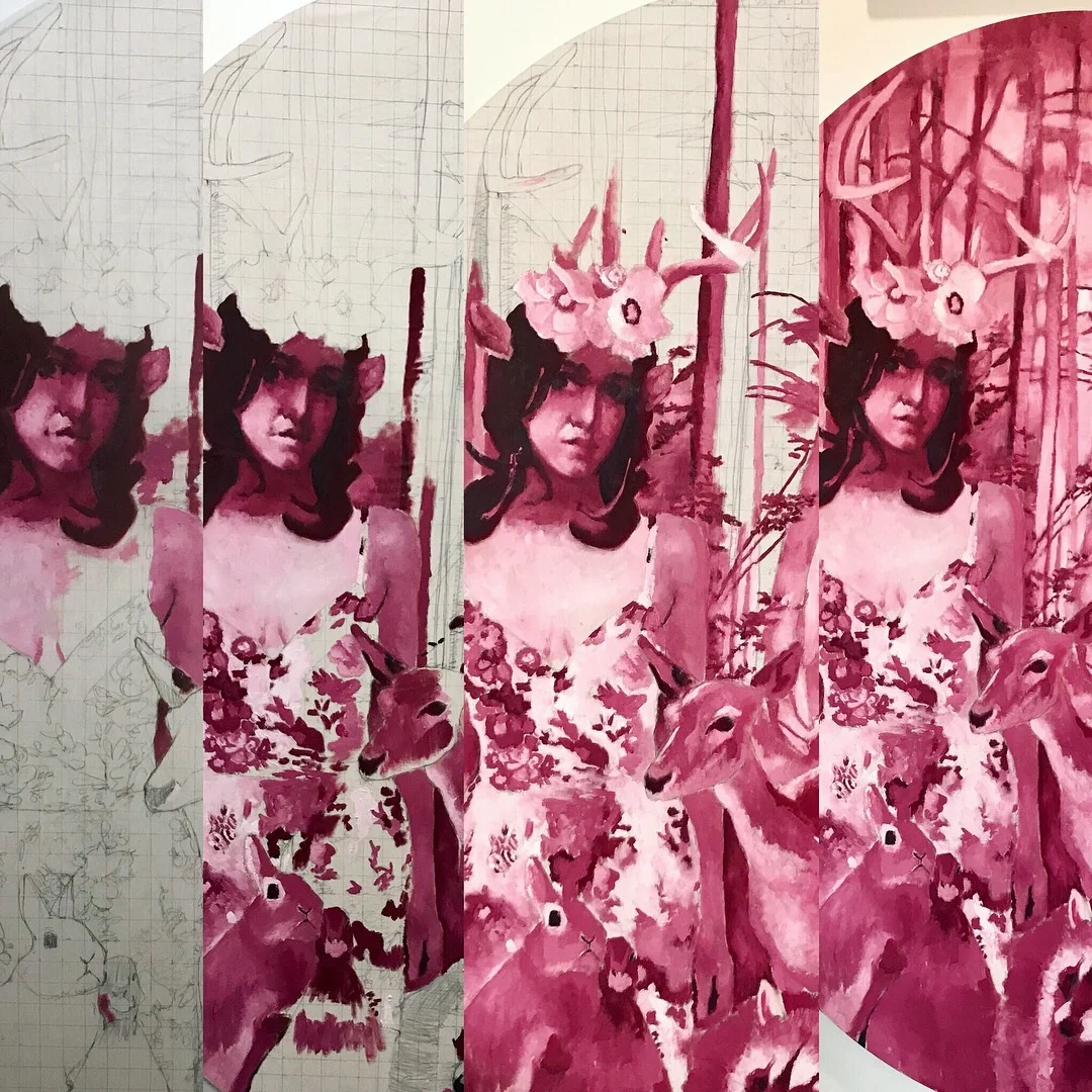 underpainting progression, look how cute that bunny is!