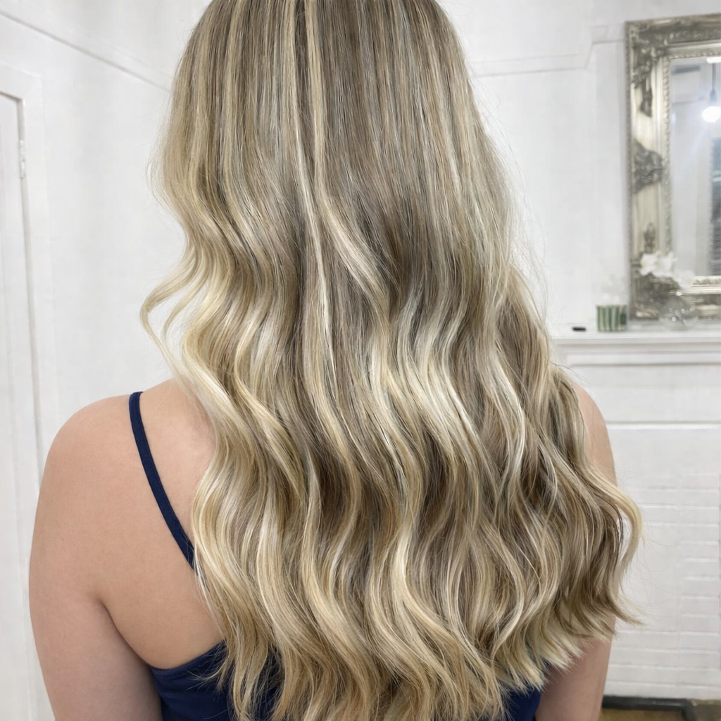 Flowing blonde waves in soft light.png