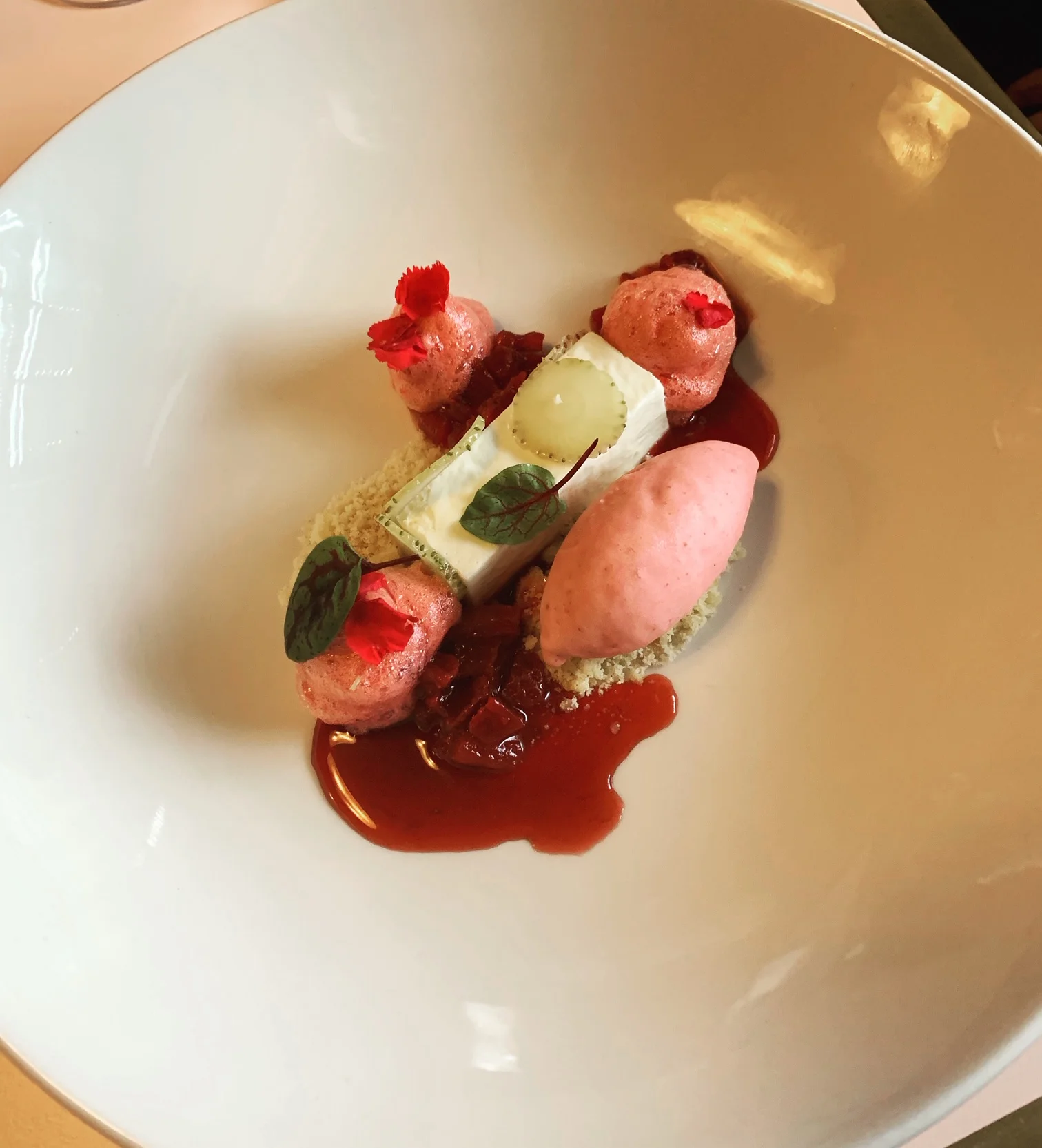  honey chèvre • strawberry ice cream • port reduction • yuzu-pickled green strawberries • citrus shortcake | @tinylousatl 