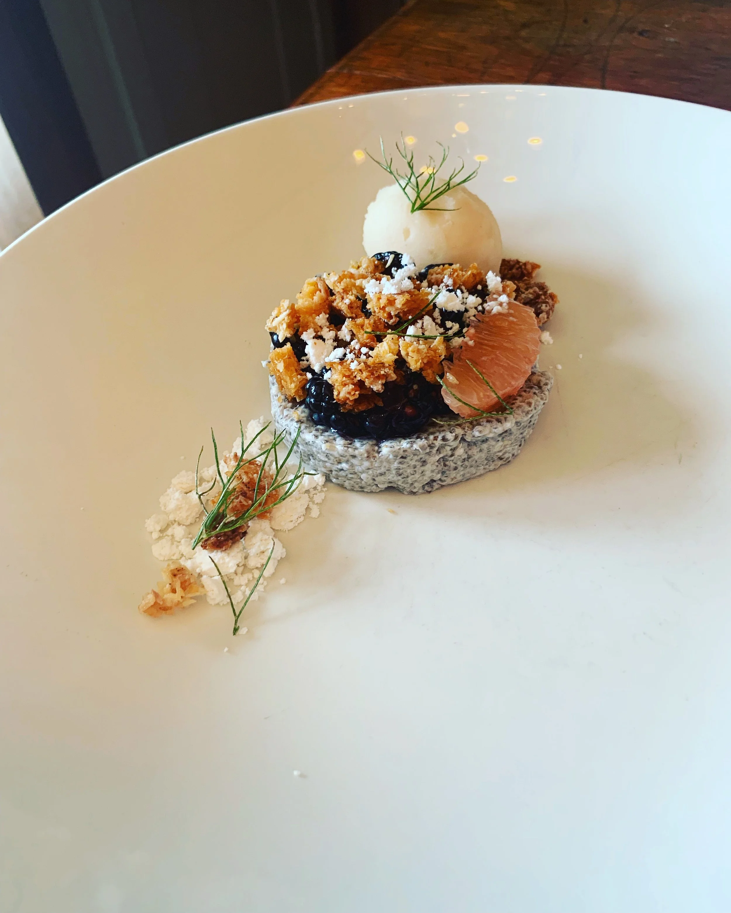  chia seed pudding • grapefruit dill sorbet • coconut • macerated blackberries | @tinylousatl 