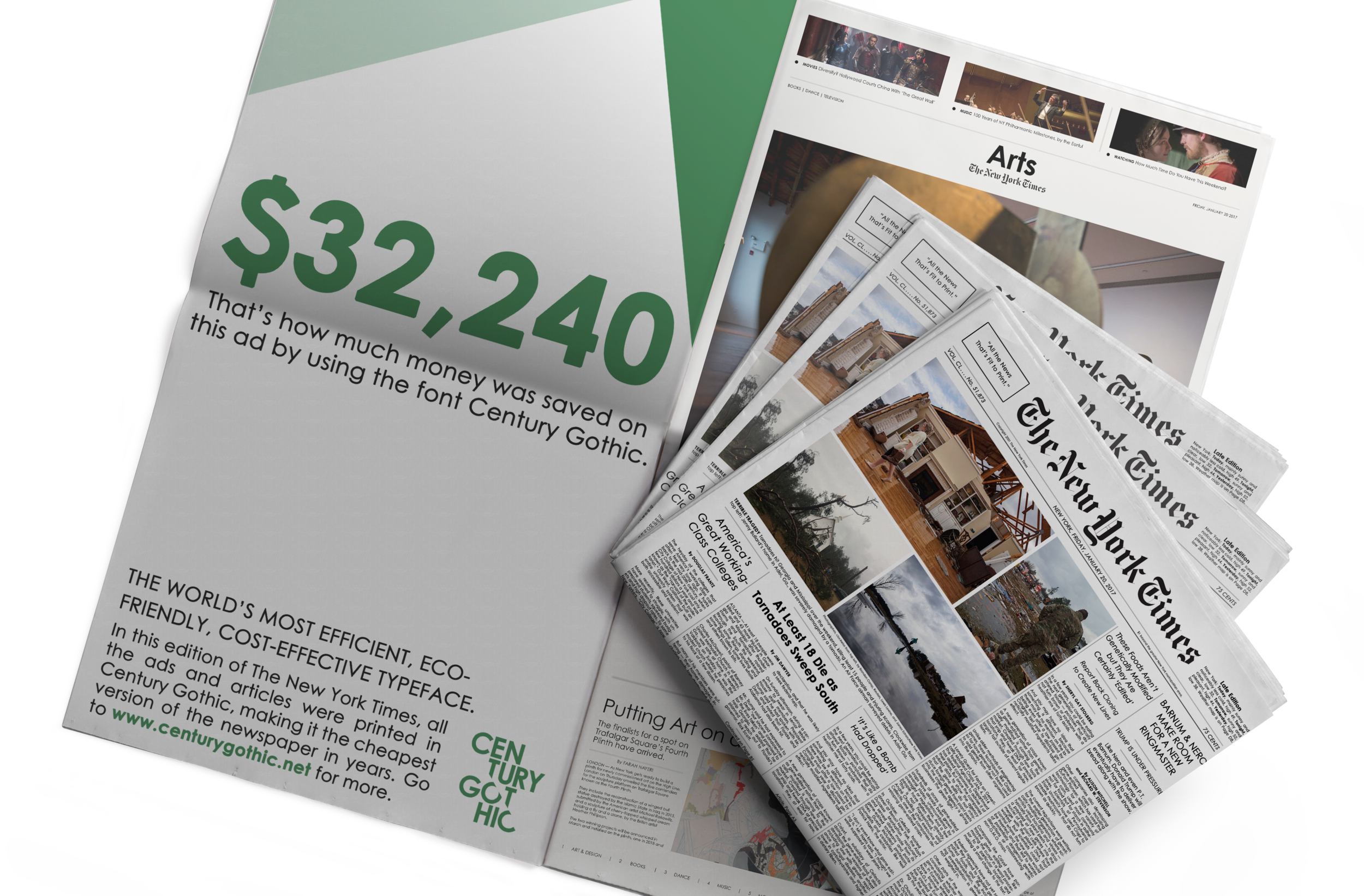 One ad in the New York Times costs a small fortune. For this stunt, I imagined what it would be like if the ads were printed in Century Gothic. After doing some math, it turns out using the font would make this one of the cheapest editions of the pa