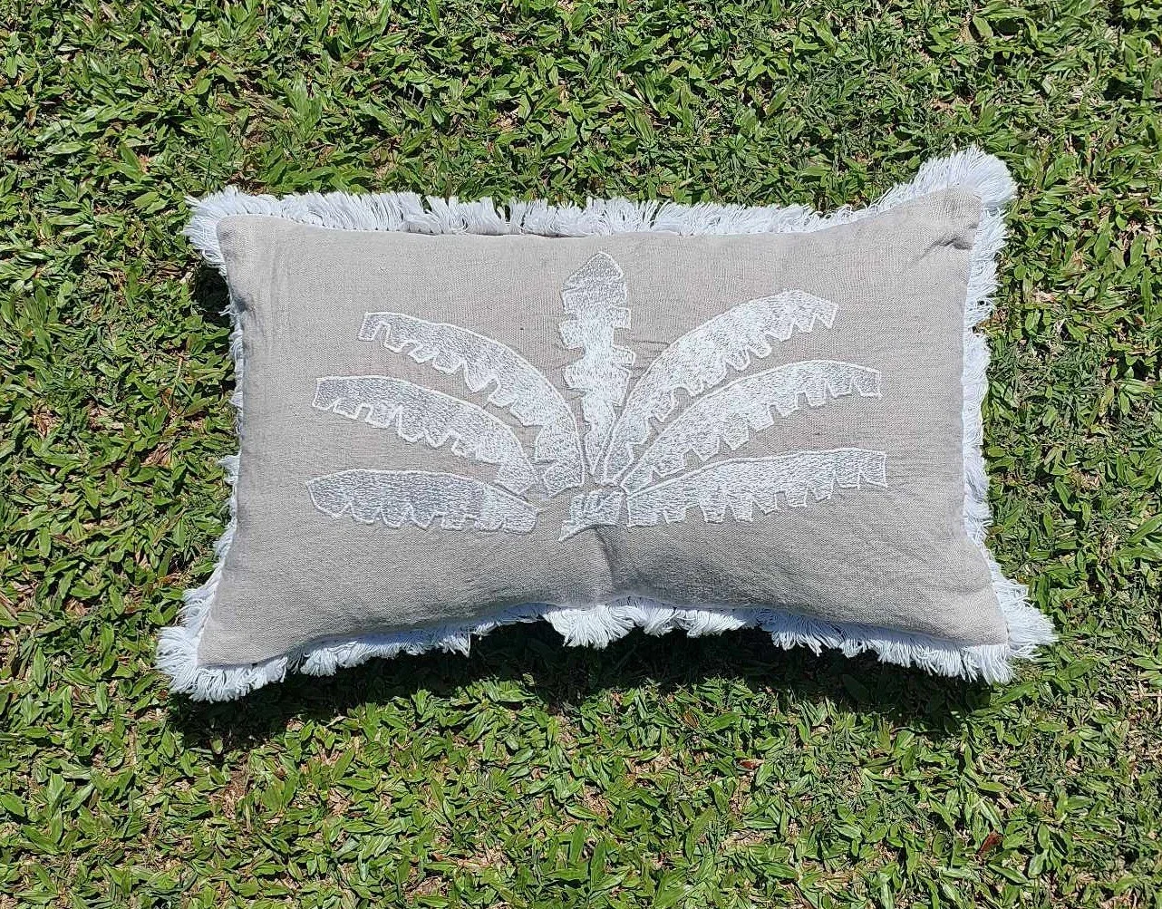 Fringed palm on linen 50cm x 30cm