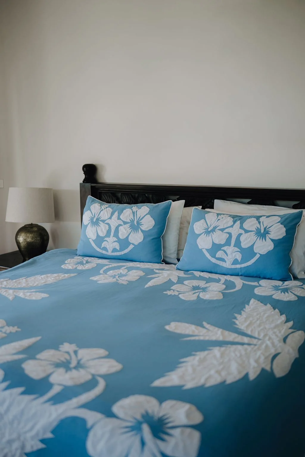 Linen / Cotton Soft Blue with white hibiscus Tivaevae Bedcover