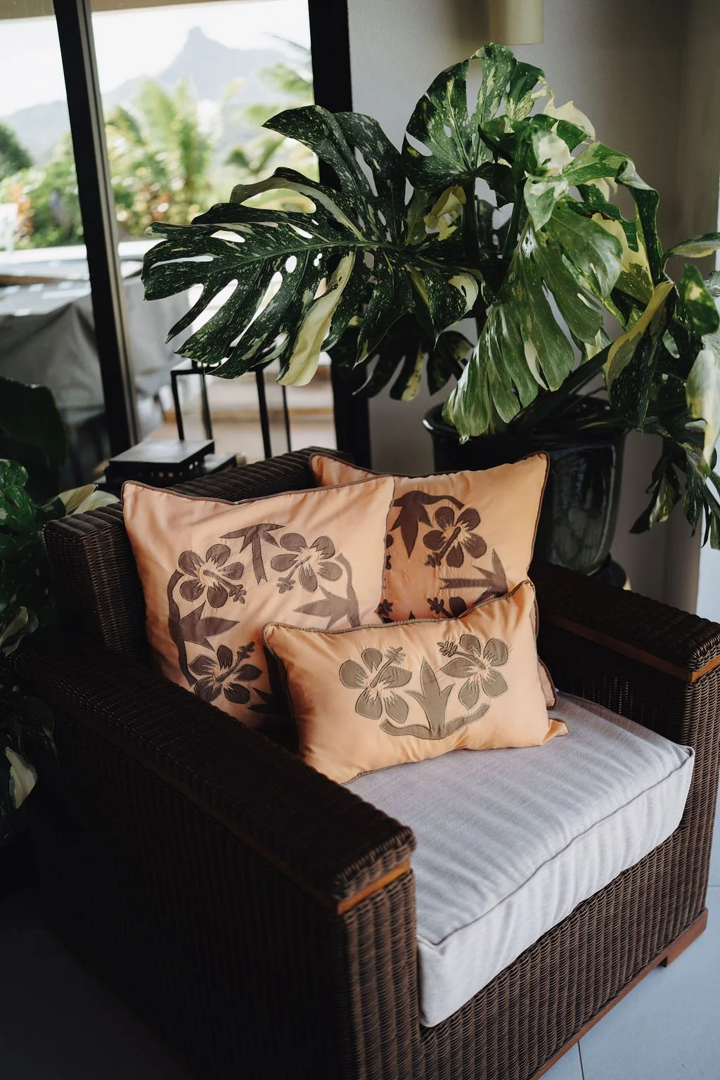 "Nikao" design cushion cover orange with brown hibiscus