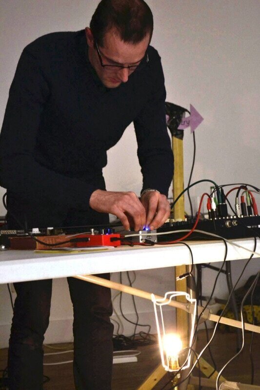  Sluice Art Fair, London 2013.  Representing The Penthouse. Lap steel guitar, objects, amplified book, electronics, FM radio. 