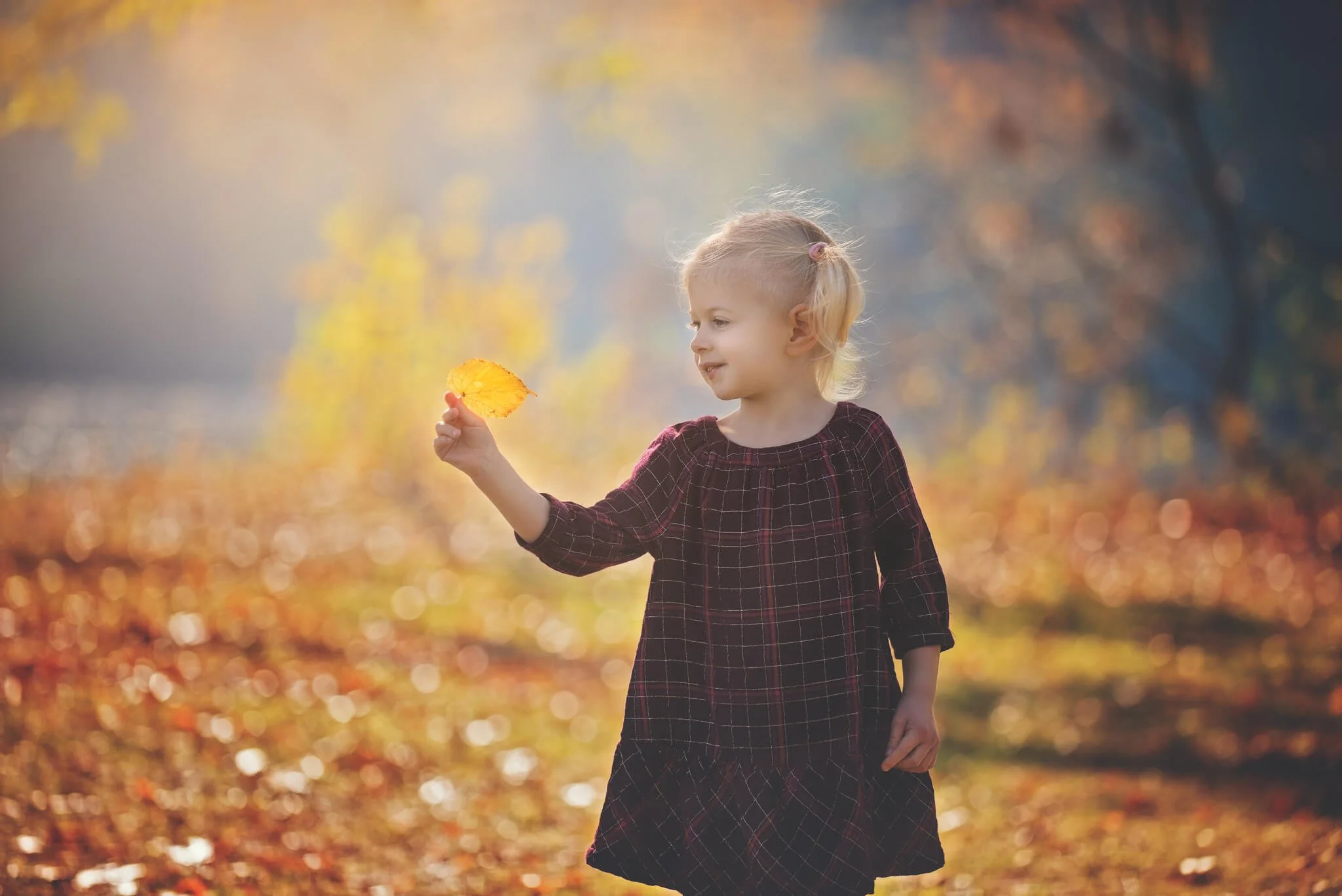 Young girl holding a fall leaf while standing in an autumn field during a Birthday Club portrait session at Donaldson Park in Highland Park, New Jersey.